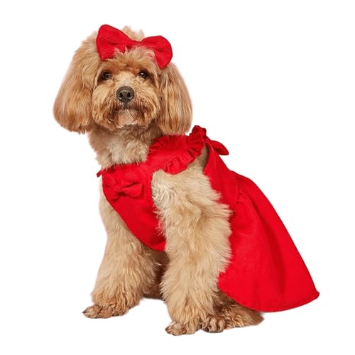 UOSIA Rotes Cordkleid für Hunde mit Schleifen-Haarspange Niedliche Schleifen-Hundekleidung für Geburtstag, Hochzeit, Feiertage, Prinzessinnen-Outfits für Welpen von UOSIA