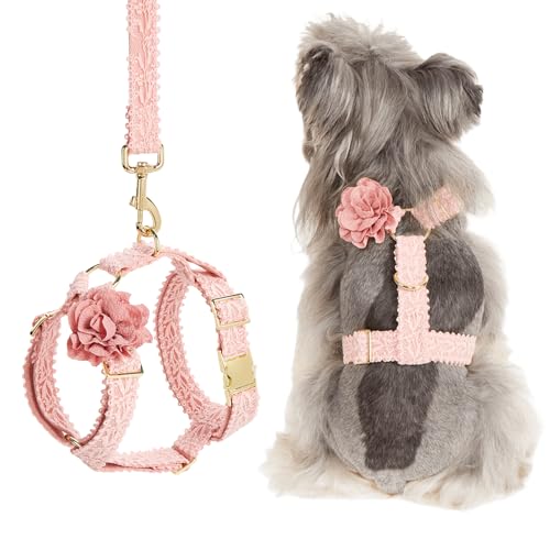 UOSIA Süßes Mädchen Großes Hundegeschirr und Leinen-Set Rosa Spitzen-Blumenmuster Verstellbares Hundegeschirr mit Metallschnalle No Pull Pet Wedding Vest von UOSIA