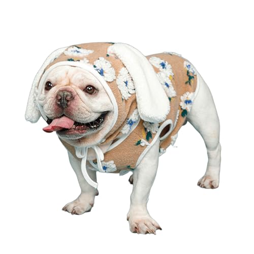 UOSIA Süßes Set aus Weste und Mütze für Französische Bulldoggen Hundemantel mit Druckknopfverschluss und Blumenmuster Warmes Set aus Pullover und Hasenohren für Hunde von UOSIA