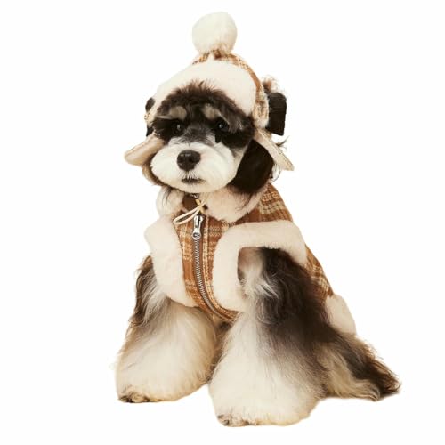 UOSIA Warme Hund Winter Mantel Fleece Plaid Welpen Weste Und Hut Set Yorkie Mantel Weste Mit D-Ringe Für Leine Haustier Kaltes Wetter Kleidung Für Kleine Mittlere Hunde von UOSIA