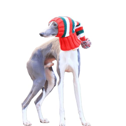 UOSIA Weihnachtshund Strickmütze Rote Grüne Streifen Whippet Strickmütze Mit Pompon Winter Hund Hals Ohrwärmer/Schutz Für Große Mittlere Hunde von UOSIA