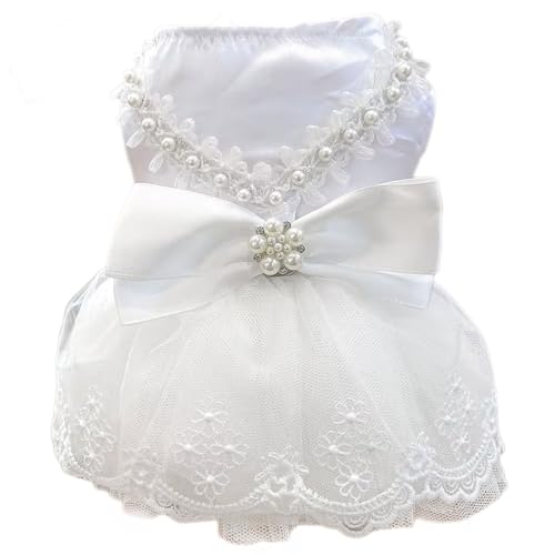 UOSIA Weißer Hund Hochzeitskleid Welpen Tutu Rock Mit Bogen Und Perlen Dekoration Luxus Katze Kleidung Mit Leinring Für Kleine Hunde Kätzchen von UOSIA