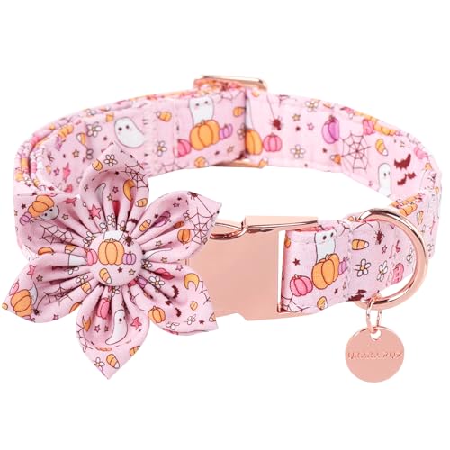 UP URARA PUP Halloween-Hundehalsband mit rosa Blume, verstellbare Größe, Premium-Baumwolle, stabile Metallschnalle, passend für kleine, mittelgroße und große Hunde und Katzen von UP URARA PUP