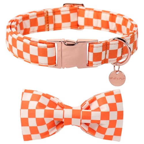 UP URARA PUP Hundehalsband mit Fliege, orangefarbenes kariertes Hundehalsband mit Fliege, Herbstfliege, Halsbänder für Welpen, Jungen, Mädchen, Hunde, bequeme Baumwoll-Hundehalsbänder mit von UP URARA PUP
