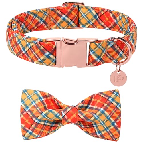 UP URARA PUP Hundehalsband und Fliege, Herbstkariert, verstellbar, mit Ahornblatt-Anhänger für kleine, mittelgroße und große Hunde, weiche Baumwolle, Haustierhalsbänder mit Schnalle und D-Ring von UP URARA PUP