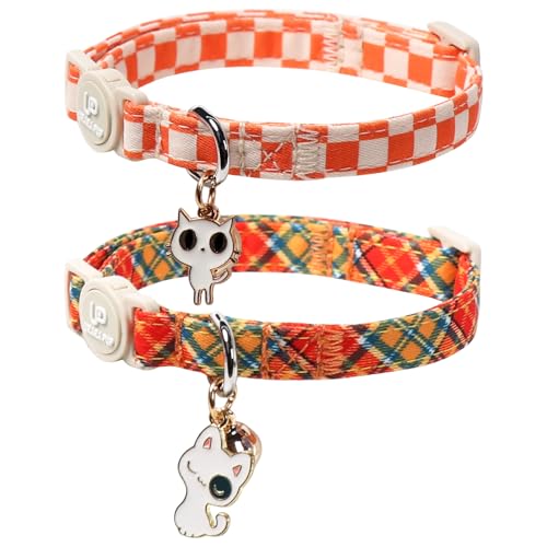 UP URARA PUP Katzenhalsband, Herbst-Orange, kariert, Halloween-Kätzchen-Halsbänder, niedlicher Kätzchen-Anhänger, gelb-orangefarbenes Gitter-Katzenhalsband mit Glöckchen, für Mädchen und Jungen, 2 von UP URARA PUP