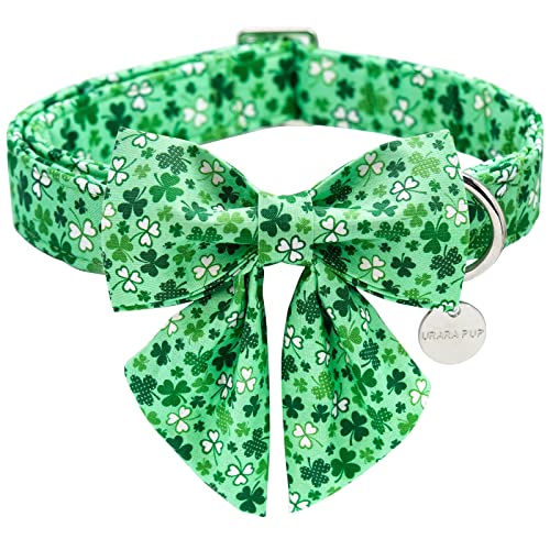 UP URARA PUP St. Patrick's Hundehalsband mit Fliege, Baumwolle, St. Patrick's Fliege, Halsband für mittelgroße Mädchen, Jungen, Glückskleeblatt-Hundehalsband mit Metallschnalle, Grün, Frühling, M von UP URARA PUP