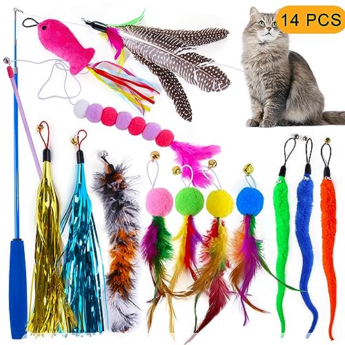 UPALDHOU 14pcs Katzenstab Cat Toy Set, Farbenfrohe Haarball Quieden Raupe Feder Ersatztop, Einziehbare Angelrute für Katzen Zum Training UPALDHOU 14pcs Katzenstab Cat Toy Set, Farbenfrohe Haarball Quieden Raupe Feder Ersatztop, Einziehbare Angelrute für Katzen Zum Training von UPALDHOU