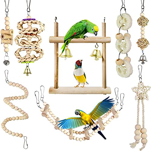 Vogel Farbenfrohe 8 Stück Papageiktespielzeug, Handgefertigtes Holz Vogelkäfigzubehör, das Spielzeug, Holzrahmen mit Glocke, Verstellbare Holzperle, Hängende Treppe Zum Klettern, von UPALDHOU