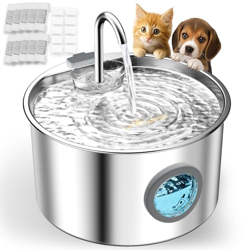 UPAWPIA Katzenbrunnen Edelstahl Trinkbrunnen für Katze 3.2L Katzenbrunnen für Katzen Hunde mit Wasserstandsfenster Ultra leise Wasserbrunnen für Katzen Pet Cat Fountain Stainless Steel mit LED Licht von UPAWPIA