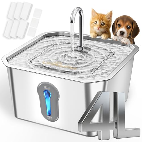 UPAWPIA Katzenbrunnen Edelstahl Trinkbrunnen für Katze 4L Katzenbrunnen für Katzen Hunde mit Wasserstandsfenster Ultra leise Wasserbrunnen für Katzen Pet Cat Fountain Stainless Steel mit LED Licht von UPAWPIA