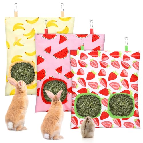 UPINS Heubeutel für Kaninchen, 2 Löcher, zum Aufhängen, für Meerschweinchen, Heubeutel, Heu-Futterspender für Kaninchen, Chinchillas, Hamster, kleine Haustiere und Tiere (Obstmuster) von UPINS