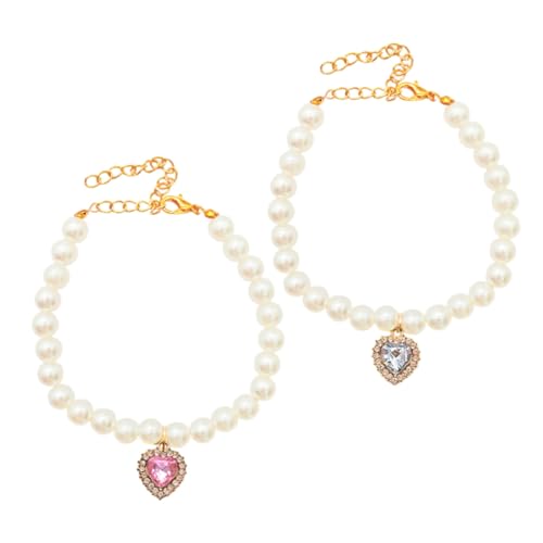 UPKOCH 2 Stück Perlenhalsband für Hunde und Katzen mit Herzanhänger Imitationsperlen Halskette Leichtes Komfortables Haustier Schmuckset für Geburtstag und Alltag von UPKOCH