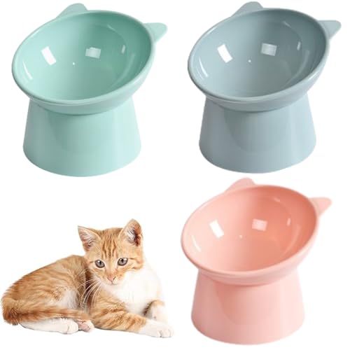 UQMIQURA 3 Stück Futternapf Katze, Anti Erbrechen Katzennapf, Katzennapf Erhöht Fressnapf Katze mit 15° Neigung Design, Fressnapf Katze Wasser Fütterung Schüssel für Katzen (Rosa, Grau und Grün) von UQMIQURA