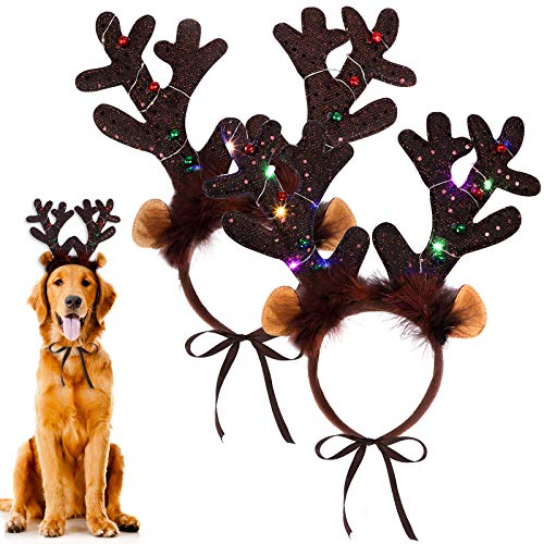 URATOT 2 Stück LED-Hirsch-Kopfbänder für Hunde und Katzen, beleuchtet, Weihnachtsparty-Hüte für Haustiere von URATOT