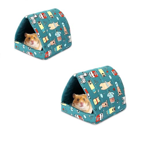 2 Stück Kleintier-Kuschelhöhle, 19x19x6 cm, Waschbar, Türkis mit Tiermuster, Gemütliches Haus für Hamster und Meerschweinchen von URCHUZE