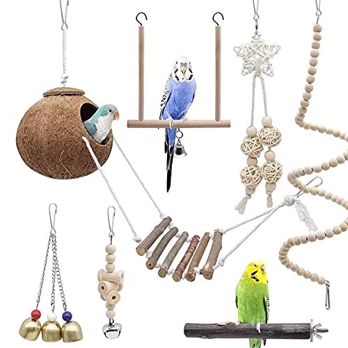 URCheers 7 Stück Vogel Papagei Spielzeuge, Bird Toys Hängendes Vogelnest Höhlen Schlafplätze Hängend Schwingen Klettern Hängematte für Nymphensittich, Finken, kleine Sittiche, Wellensittich von URCheers