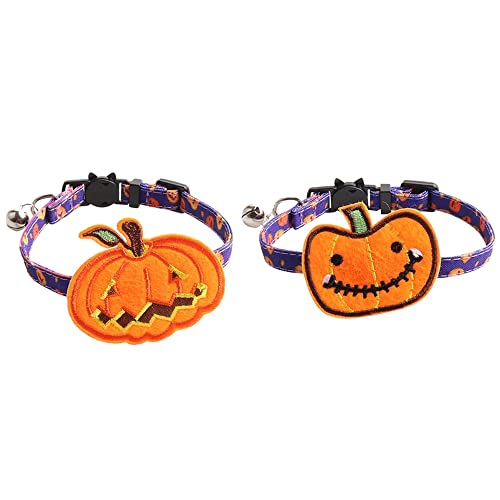 URCheers Halloween Lila Hundehalsbänder für Katzen Kürbis-Geisterhalsbänder mit Glocke für kleine, mittlere und große Haustiere (Violett) von URCheers