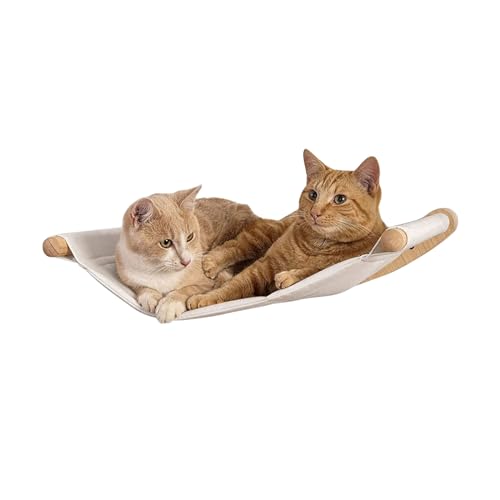 Wandregale für Katzen, Wandmöbel mit Katzenhängematte, Wandmontage, Katzenkletterstufe mit Jutekratzern, massives Naturkautschukholz, Katzenholz-Stepper (Holzfarbe, 1 x Hängematte, 1) von URCheers