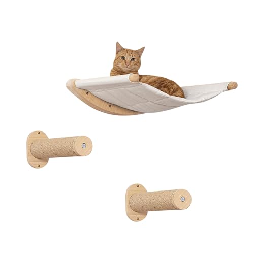 Wandregale für Katzen, Wandmöbel mit Katzenhängematte, Wandmontage, Katzenkletterstufe mit Jutekratzern, massives Naturkautschukholz, Katzenholz-Stepper (Holzfarbe, Stufen + Hängematte, 1) von URCheers