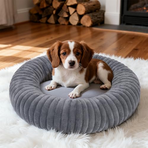 Calming Dount Hundebett, Plüsch, flauschig, rund, maschinenwaschbar, Anti-Angst (Grau, L) von URGVANZ PET