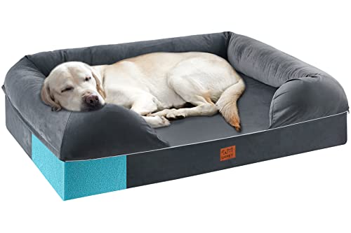 Orthopädisches Hundebett aus Memory-Schaumstoff für große, extra große und Jumbo-Hunde, Nackenrolle, Haustierbett mit abnehmbarem, wasserdichtem Futter und robustem Reißverschluss (grau, 44x34) von URPET