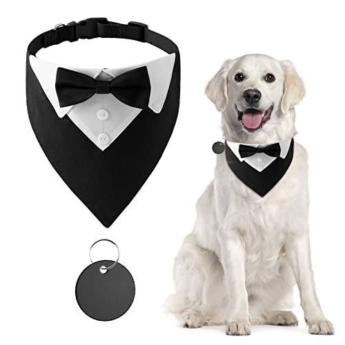 URROMA 1 Piece Formal Dog Tuxedo Bandana, Dog Wedding Collar with Bow Tie and Neck Tie Adjustable Black Pet Costume Bowtie Neckerchief for Small Dogs and Cats, L von URROMA