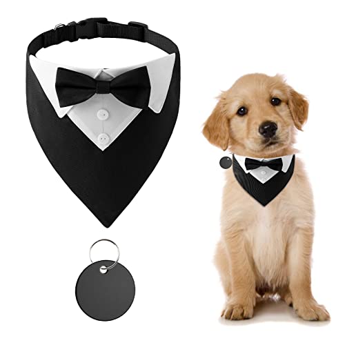URROMA 1 Piece Formal Dog Tuxedo Bandana, Dog Wedding Collar with Bow Tie and Neck Tie Adjustable Black Pet Costume Bowtie Neckerchief for Small Dogs and Cats, S von URROMA