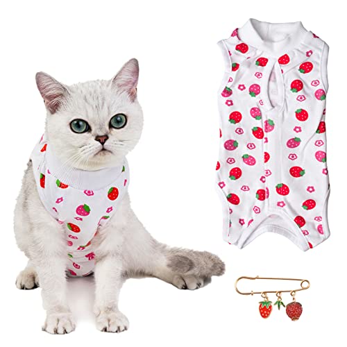 URROMA 1 Stück Erdbeer-Baumwoll-Genesungsanzug für Katzen, Katzen-Sterilisationsanzug, atmungsaktiv, Katzen-Operation, Erholung, Schutzhemd für Katzen nach Operationen, L von URROMA