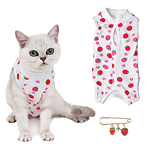 URROMA Katzen-Genesungsanzug, Erdbeer-Baumwolle, mittelgroß, atmungsaktiv, bequem, verstellbar, nach Operationen, Schutzshirt für Katzen von URROMA