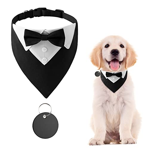 URROMA 1 Piece Formal Dog Tuxedo Bandana, Dog Wedding Collar with Bow Tie and Neck Tie Adjustable Black Pet Costume Bowtie Neckerchief for Small Dogs and Cats, M von URROMA