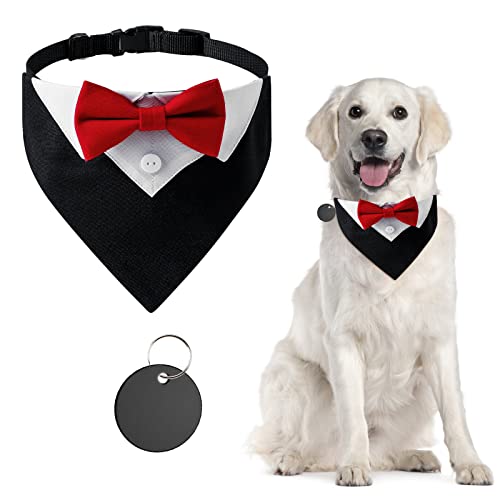 URROMA 1 Piece Red Formal Dog Tuxedo Bandana, Dog Tuxedo Cotton Bandana Dog Wedding Collar with Bow Tie and Neck Tie for Dogs and Cats, L von URROMA