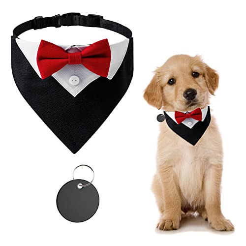 URROMA 1 Piece Red Formal Dog Tuxedo Bandana, Dog Tuxedo Cotton Bandana Dog Wedding Collar with Bow Tie and Neck Tie for Dogs and Cats, S von URROMA