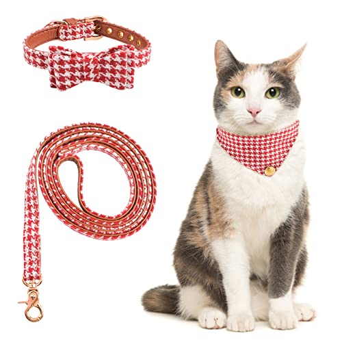 URROMA 3-teiliges rotes Hundehalsband und Leine, verstellbares Hundehalsband mit Fliege, klassisches kariertes Bandana, Krawatte für Hunde, Katzen, Outdoor-Spaziergänge von URROMA