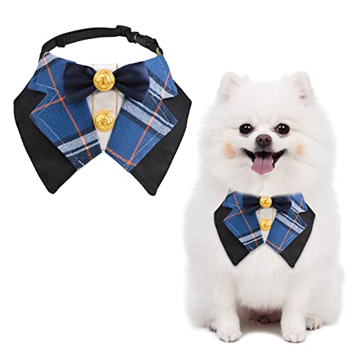 URROMA Preppy Dog Smoking, Classic Blue Check Dog Bowtie Collar Formal Pet Collar Bandana Bow Tie Collar for Small Dogs Cat Wedding Costumes, S von URROMA