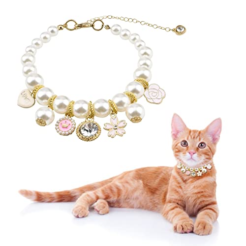 URROMA Rosa Haustier Perlenhalsband, Verstellbare Perle Kristall Hund Halskette Katze Halsband mit Bling Strass Dekor für Hunde Katzen, L von URROMA