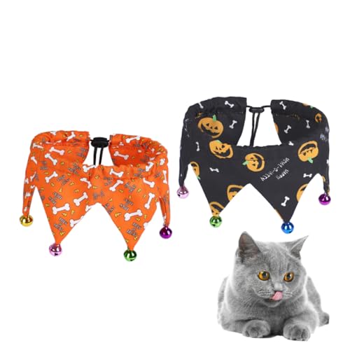 UTHCLO 2 Stück Verstellbare Halloween Haustierhalsbänder mit Glöckchen Orange Schwarz aus Polyester für Hunde Katzen Welpen Verstellbar Leicht Atmungsaktiv für Party und Alltag von UTHCLO