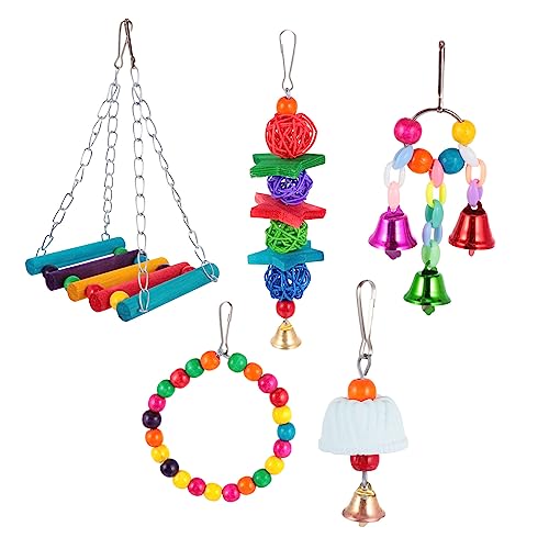 UTHCLO 5 Stück Teiliges Papageien Holzspielzeug mit Bunter Vogel schaukel und Glocke Robustes Kau Kletterspielzeug für Wellensittiche Nymphensittiche und Kleine Vögel im Zufällige Farbe von UTHCLO