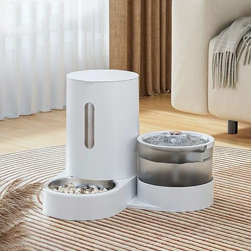 UUE Automatischer Futterspender für Katzen/Hunde, 1.5kg Futterautomat Katze und 1.8L Wasserspender Hund, 2-in-1 Automatischer, Gravitation Katzenfutter Automat Grau, BPA Frei/USB-Aufladung von UUE