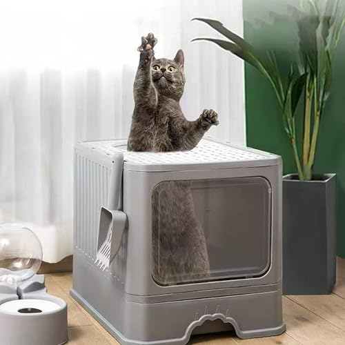 UUE Katzenklo, Katzentoilette mit Deckel, Cat Litter Box, Ausziehbares Tablett mit 2 Öffnungen, Faltbar Katzentoilette, Katzenklo Groß Geräumig für Katzen bis 15 kg, Grau von UUE