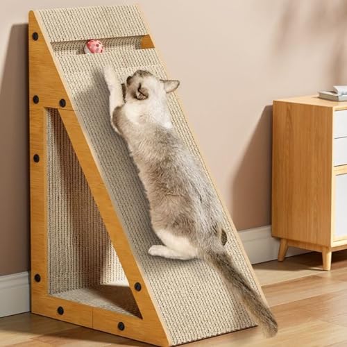 UUE Kratzbrett Katze, 57 cm Hohe Dreieck Kratzpappe für Katzen, Wellpappe Katzenkratzbrett mit Klingelball, Katzenspielzeug Dreieck, 100% Formaldehydfrei, Groß, für Sofaschutz, Wände, Glas von UUE