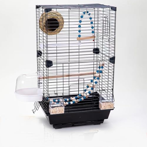 UUE Vogelkäfig, Wellensittich Käfig, 63cm Kanarienvogel Voliere, Vogelkäfig Wellensittich mit Vogelnest Schaukel und Leiter, Doppeltür Papageienkäfig, Vogelkäfige Mit Griff, Schwarz von UUE