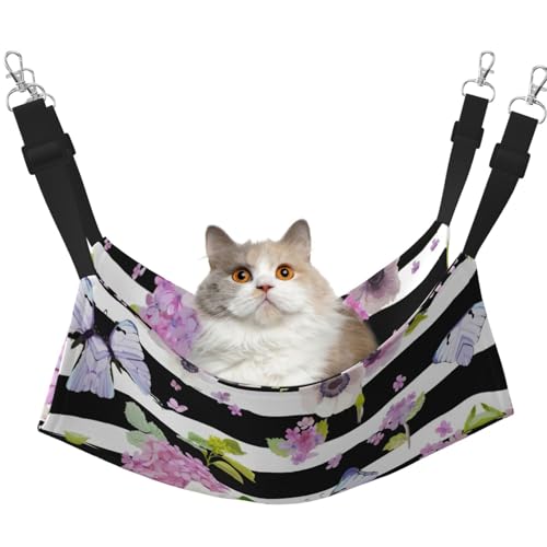 UVBDF Gestreifte Katzen-Hängematte mit Blumenmotiv und Schmetterlingen zum Aufhängen, verstellbar, Welpen, Kaninchen, Kleintiere von UVBDF