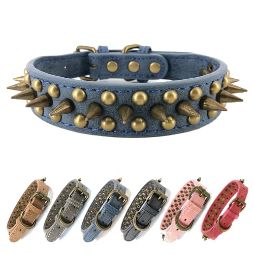 Anti-Biss-Hundehalsband mit Spikes Nieten Verstellbares, stilvolles Hundehalsband aus Leder für kleine, mittlere und große Welpenhunde (Blau,M) von UVONOKAY