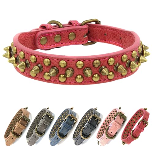 Hundehalsband mit Nieten, Bronze, runde Nieten, Anti-Bissschutz (Rot, S) von UVONOKAY