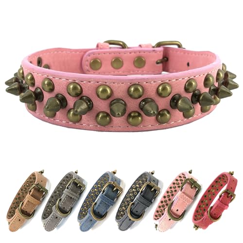 Hundehalsband mit Nieten, Metallnieten für kleine, mittelgroße und große Rassen (Rosa, M) von UVONOKAY