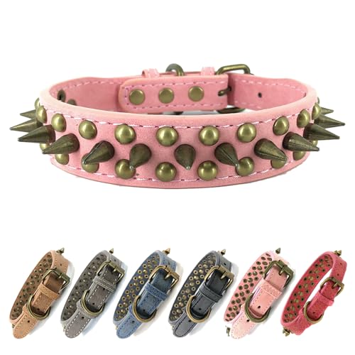 Hundehalsband mit Nieten, Metallnieten für kleine, mittelgroße und große Rassen (Rosa, S) von UVONOKAY