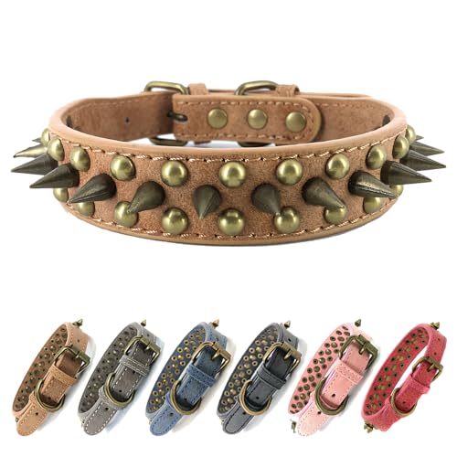 Hundehalsband mit Nieten, bronzefarben, spitzer Nieten, Anti-Bisshalsband (Braun, M) von UVONOKAY