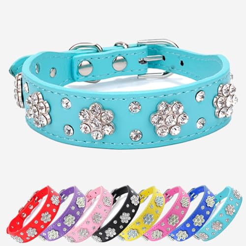 Schönes Hundehalsband mit Bling Bling Strasssteinen-Diamantblumenmuster ( Blau S )-geeignet für kleine und mittelgroße Hunde von UVONOKAY