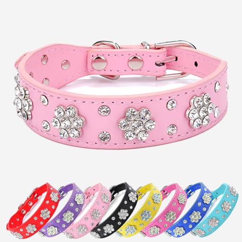Schönes Hundehalsband mit Bling Bling Strasssteinen-Diamantblumenmuster ( Rosa XS )-geeignet für kleine und mittelgroße Hunde von UVONOKAY